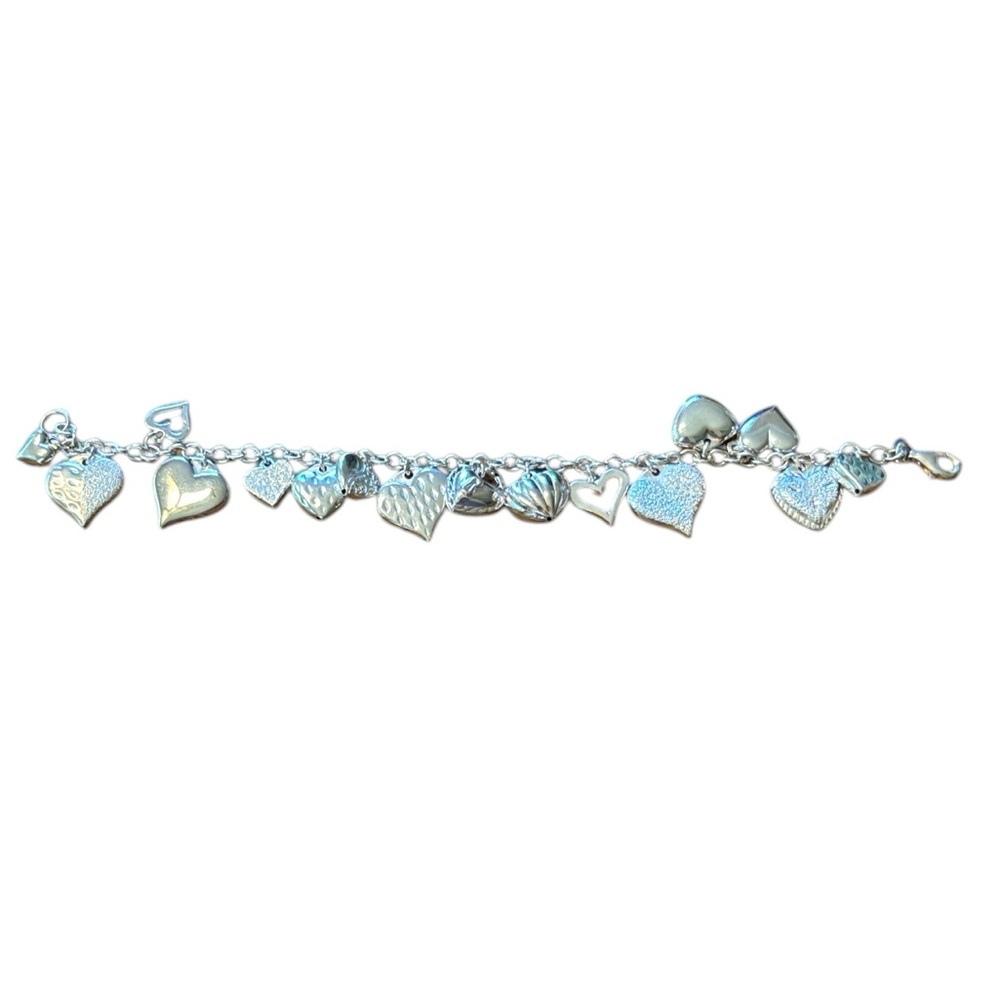 JCM Mauritius 925 Sterling Silver 7 1/2” Hearts Charm Bracelet